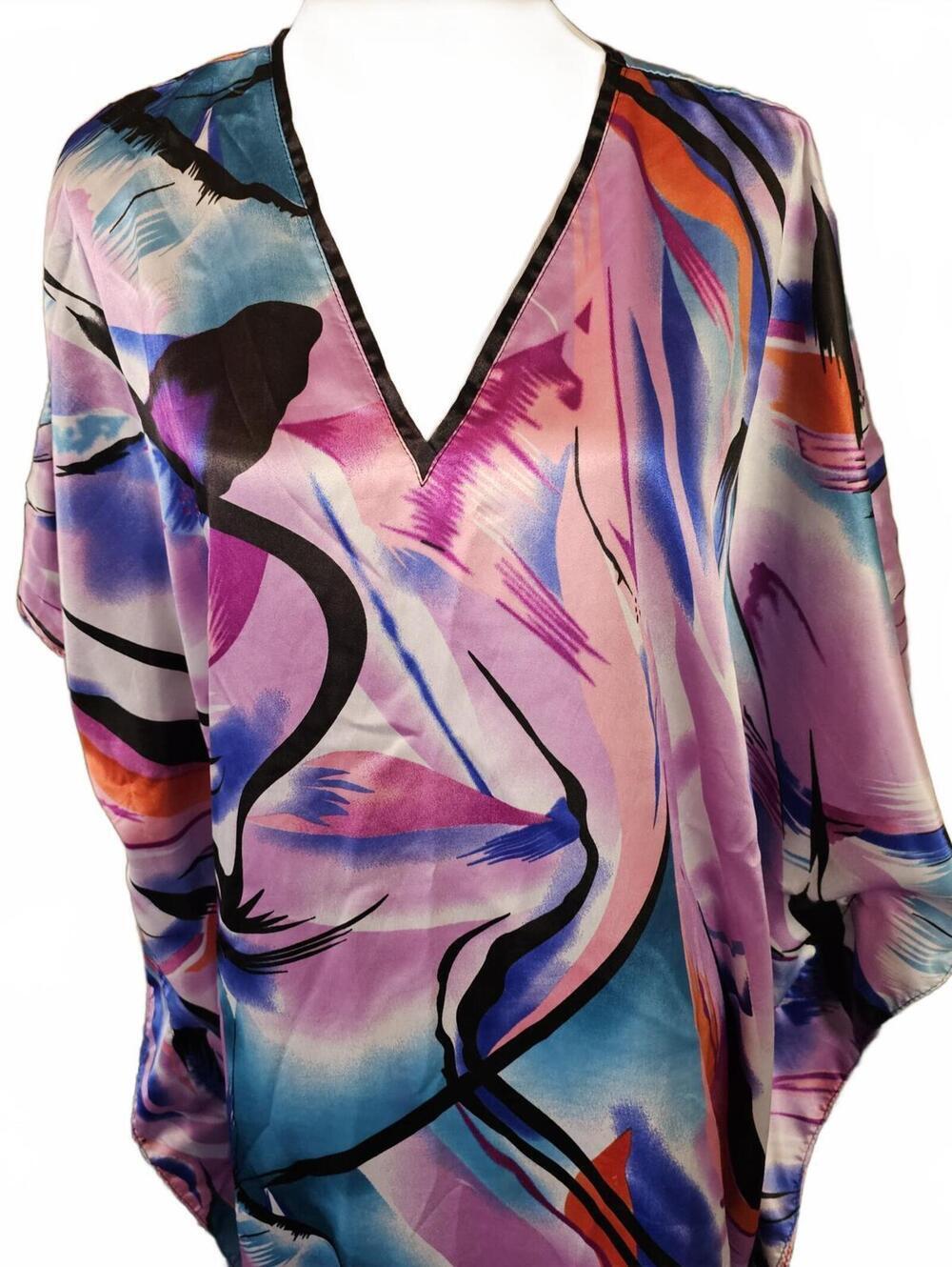 Women’s Abstract Print Caftan Maxi Dress One Size Polyester V-Neck - Picture 4 of 6
